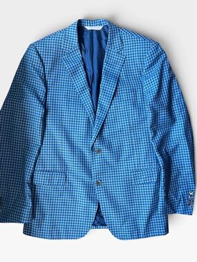 Samuelsohn Luxury Silk Wool Blue Gingham Sport Coat Blazer 44L